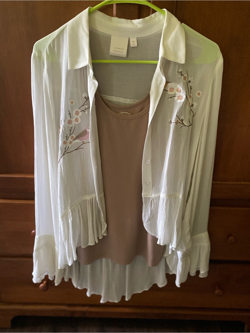 Lauren Conrad Cream Sheer Embroidered Ruffle Blouse with Taupe Tank